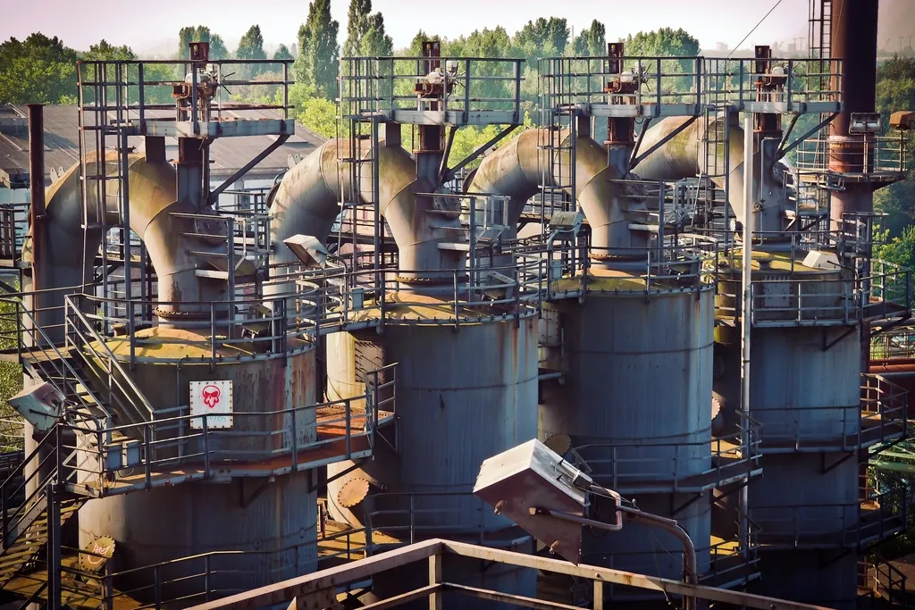 Planta industrial con torres y tuberías que requieren un plan de mantenimiento